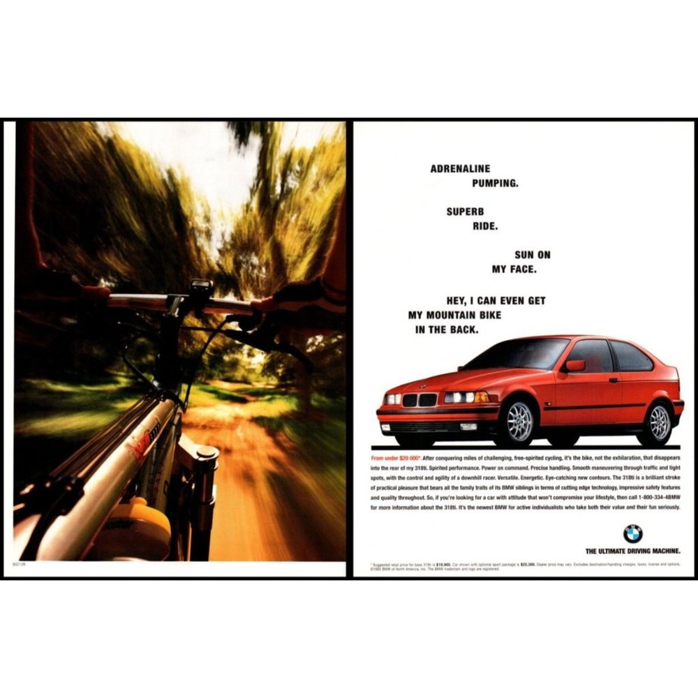 1995 BMW 318ti Hatchback 2 Page Vintage Print Ad Mountain Biking Trail Wall Art